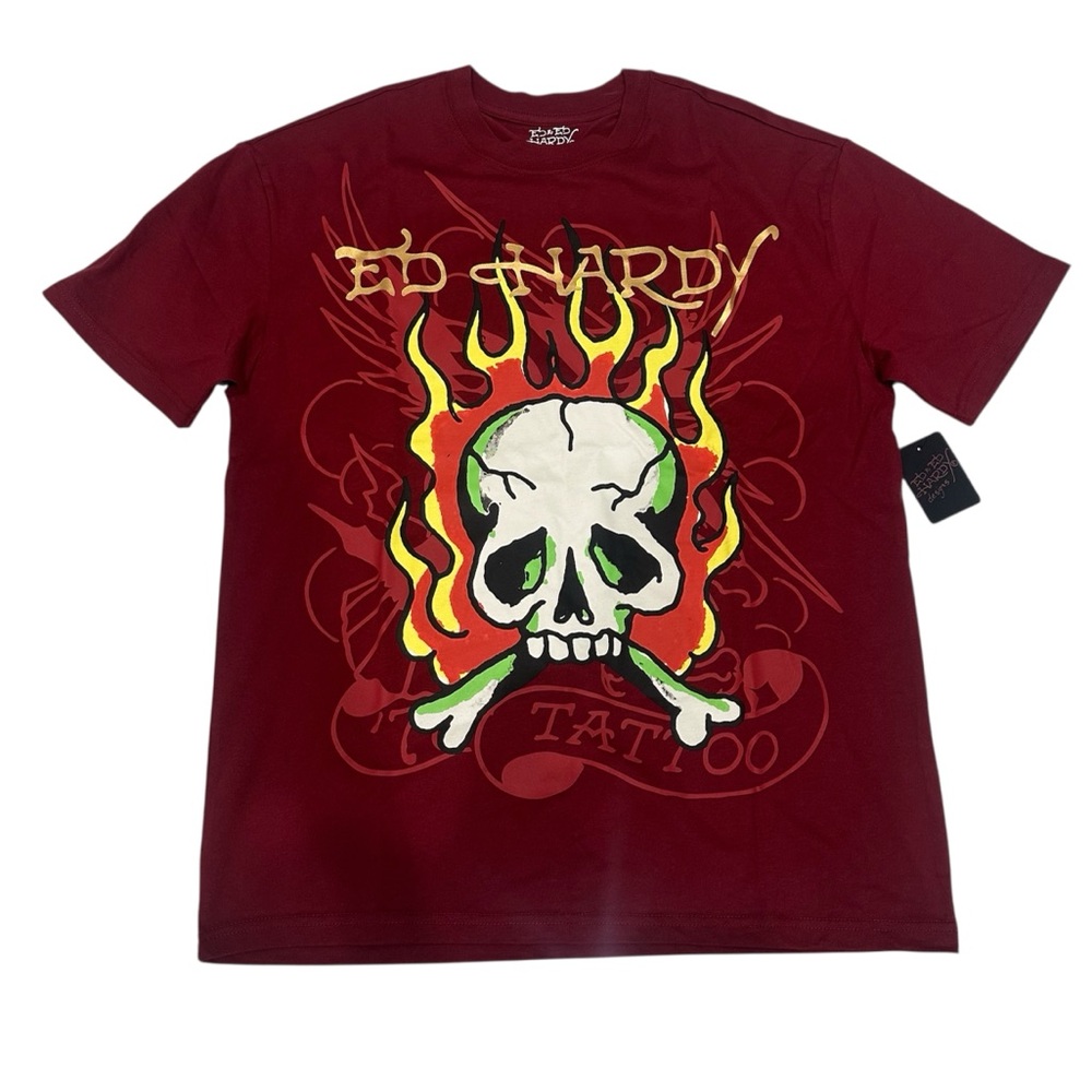 Ed Hardy Men's Short Sleeve T-Shirt Skull Bones Flames‎ Size L Wine Color New